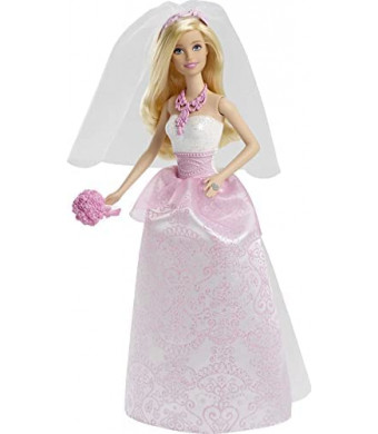 Barbie Bride Doll in White and Pink Dress with Veil and Bouquet