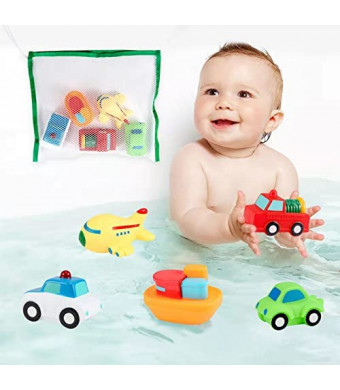 Baby Bath Toys Bathtub Toy - 5 Packs with Organizer Kids Floating Water Spray Toy Fun Bathtime with Boat, Police Car,Fire Truck and Plane Plastic Toy for Toddler Boys and Girls