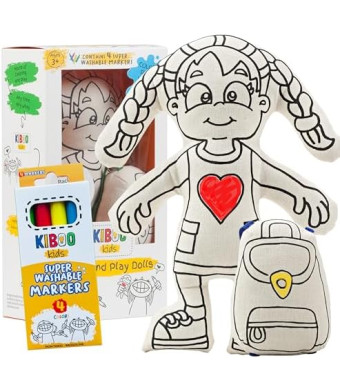 Kiboo Kids Color Your Doll - Washable Art Toy with Mini Doll Backpack and Markers - Educational Craft for Creative Play (Girl Doll with Braids)