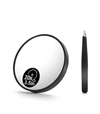 OMIRO 20X Magnifying Mirror and Eyebrow Tweezers Kit, 3.5" Two Suction Cups Magnifier Travel Set