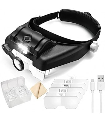 Dilzekui Head Mount Magnifier with LED Light, Rechargeable Black Headband Magnifier, Head-Mounted Magnifying Glass with 6 Detachable Lens, Handsfree Magnifying Glasses for Jewelers Loupe Crafts Repair