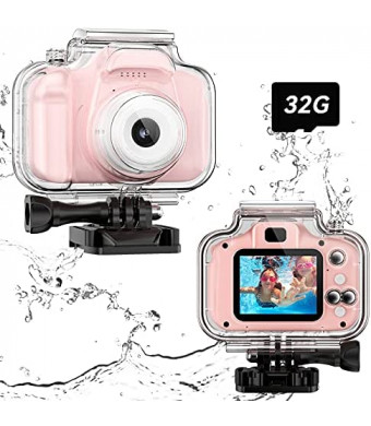 Kids Waterproof Camera Toys for 3-12 Year Old Girls Birthday Children Underwater Sports Video Camera HD Toddler Digital Action Camera 2 Inch Screen with 32GB Card