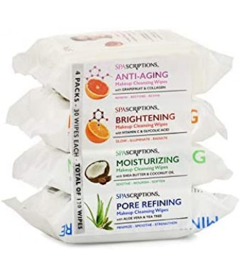 SpaScriptions Makeup Cleansing Wipes 30 CT, Variety 4 pack,02786