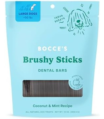 Bocce’s Bakery Dailies Brushy Sticks to Support Oral Health & Fresh Breath, Wheat-Free Dental Bars for Dogs, Made with Real Ingredients, Baked in the USA, All-Natural Coconut & Mint Recipe, Large Dogs