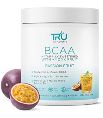 TRU BCAA Powder, Plant Based Branched Chain Amino Acids, Vegan Friendly, Zero Calories, No Artificial Sweeteners or Dyes, (30 Servings, Passion Fruit)