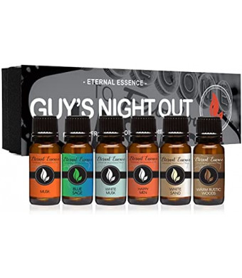 Guy's Night Out - Gift Set of 6 Premium Fragrance Oils - Happy Men, Blue Sage, White Sand, Warm Rustic Woods, Musk and White Musk - 10ML