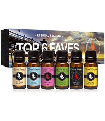 Top 6 Faves - Gift Set of 6 Premium Fragrance Oils - Love Spell, Tahitian Vanilla, Clean Cotton, Mango, Dragon's Blood and Monkey Farts - 10ML