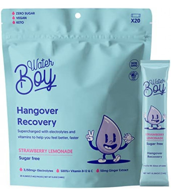 Waterboy Hangover Relief Electrolyte Powder Packets - 3170mg of Electrolytes for Adults to Help with Dehydration, Anxiety, and Nausea- 20 Drink Stick Mixes (Strawberry Lemonade)