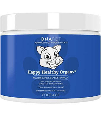 Happy Healthy Organs & Glands Supplement For Cats, Freeze-Dried Raw Bovine Liver Grass-Fed Bone Marrow Heart Kidney Pancreas, Bovine Thymus Iron Multi Organ Powder, Joints Cat Vitamins 1.48 oz