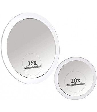 MIRRORVANA 20X & 15X Magnifying Mirror Set Combo with 3 Suction Cups Each - Compact & Travel Ready - 6-Inch and 4-Inch Wide