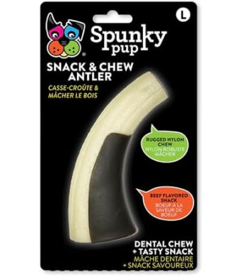 Spunky pup Snack & Chew Antler for Dogs | 2-in-1 Beef Flavored Rugged Nylon Dog Chew Treat and Dog Toy | Dental Chew for Healthy Teeth and Gums | Long Lasting Treat for Pets | Med to Large Breeds