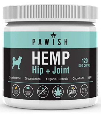 Hemp Hip & Joint Supplement for Dogs with Organic Hemp Oil, Glucosamine, Turmeric, MSM - for Joint Support, Mobility, Arthritis Pain Relief and Anxiety - 120 Soft Chews