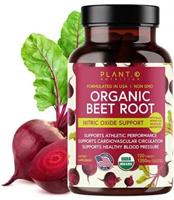 USDA Plant.O Premium Organic Beet Root Tablets [1350mg Beets Powder] with Black Pepper for Extra Absorption - Nitric Oxide Supplement for Heart Health, Blood Pressure & Athletic Performance