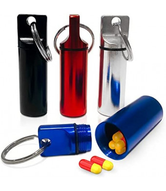 Keychain Pill Holder, Pack of 4, Pocket/Purse Pill Case Made From Durable Metal, Waterproof Keychain Medicine Container, Different Colors For Better Organization, Sturdy Pill Bottle On The Go – Takwiz