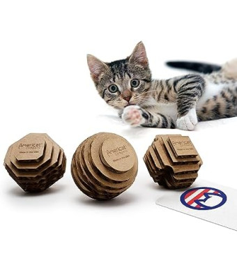 Cat Ball Toys by Americat – Made in USA – Safe Cardboard Cat Toys – for Interactive and Independent Play, Exercise & Stress Relief for All Breeds & Ages (Variety Pack of 3 Balls)