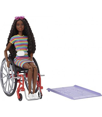 Barbie Fashionistas Doll #166 with Wheelchair & Crimped Brunette Hair Wearing Rainbow-Striped Dress, White Sneakers, Sunglasses & Fanny Pack, Toy for Kids 3 to 8 Years Old