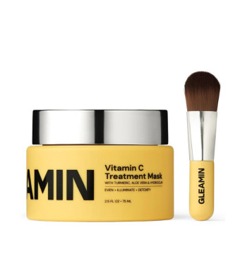 Gleamin Turmeric Vitamin C Clay Mask & Mask Brush - Clay Face Mask with Aloe - Vegan Blemish Treatment & Brush - Helps Improve Appearance of Dark Spots & Scarring - No Mix, Ready to Apply (2.5 Oz)