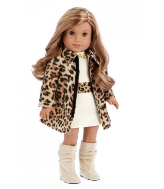 DreamWorld Collections Fashion Girl - 3 piece outfit - Cheetah Coat, Ivory Dress and Ivory Boots - 18 Inch Doll Clothes (doll not included)