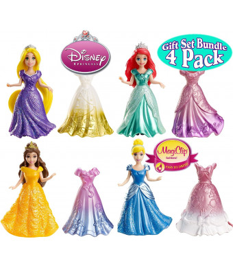 Disney Princess Little Kingdom Royal Fashions MagiClip Dolls and Fashions Rapunzel, Belle, Ariel and Cinderella Gift Set Bundle - 4 Pack