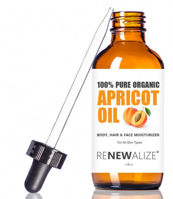 Organic APRICOT KERNEL OIL by Renewalize in LARGE 4 OZ. DARK GLASS BOTTLE with Glass Eye Dropper | Highest Quality 100% Pure and Unrefined | A Fantastic Light Massage Oil | Softens Dry Skin