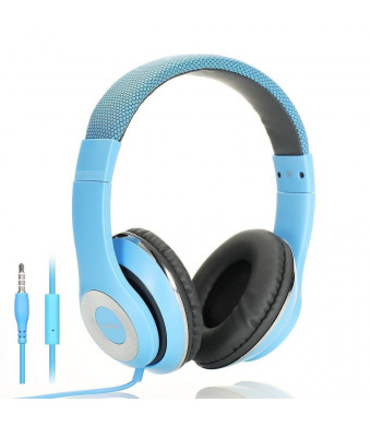 AUSDOM Lightweight Over-Ear Wired HiFi Stereo Headphones with Built-in Mic Comfortable Leather Earphones- Blue