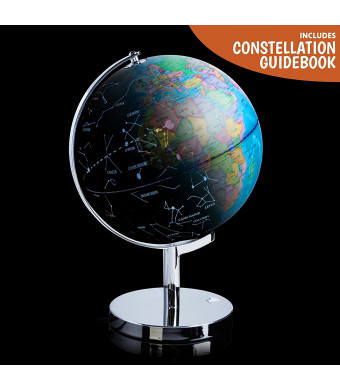 3-in-1 World Globe, LED Constellation Map and Nightlight with Sturdy Chromed Steel Base – Illuminated Globes of the World with Stand and Bonus Constellation Guide