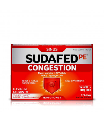 Sudafed PE Congestion and Sinus Pressure Relief, Maximum Strength Nasal Decongestant, 36 ct