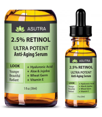 Asutra, Anti-Aging Serum, 2.5% Retinol, Ultra Potent and Effective Skin-Enhancing, Hyaluronic Acid, Vitamin E, Wheat Germ, Aloe, and Jojoba, Two Bottle Value Pack, Two 1 Oz. Bottles