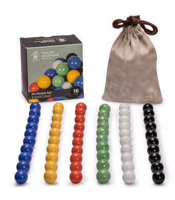 Yellow Mountain Imports Marbles for Chinese Checkers, Set of 60, 6 Solid Colors, 10 Marbles for Each Color, Includes Velvet Drawstring Pouch