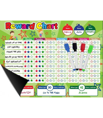 Magnetic Behavior / Star / Reward Chore Chart, One or Multiple Kids, Toddlers, Teens 17" x 13", Premium Dry Erase Surface, Flexible Chart with Full Magnet Backing for Fridge, Teaches Responsibility!