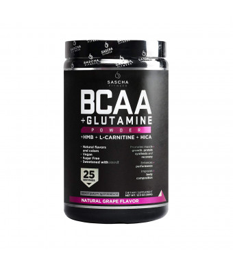 Sascha Fitness BCAA 4:1:1 + Glutamine, HMB, L-Carnitine, HICA | Powerful and Instant Powder Blend with Branched Chain Amino Acids (BCAAs) for Pre, Intra and Post-Workout | Natural Grape Flavor, 350g