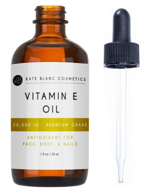 Vitamin E Oil by Kate Blanc. Moisturizes Face and Skin. 100% Pure, Extra Strength. 28,000 IU, Premium Grade , Antioxidants. Reduce Appearance of Scars, Wrinkles, Dark Spots. Free eBook w Recipes (1 oz)