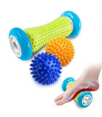 Pasnity Foot Massage Roller Spiky Ball Foot Pain Relief Massager Relieve Plantar Fasciitis and Heel Foot Arch Pain and Relax Shoulder Foot Back Leg Hand, Included 1 Roller and 2 Spiky Balls (Light Blue)