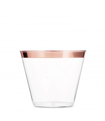 100 Rose Gold Plastic Cups ~ 9 Oz Clear Plastic Cups Old Fashioned Tumblers ~ Rose Gold Rimmed Cups Fancy Disposable Wedding Cups ~ Elegant Party Cups with Rose Gold Rim