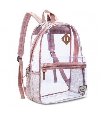 Clear Backpack Transparent School Bag PVC Casual Daypack Travel Lightweight Bookbag See-Through Rucksack for Students/Boys / Girls (Rose Gold)