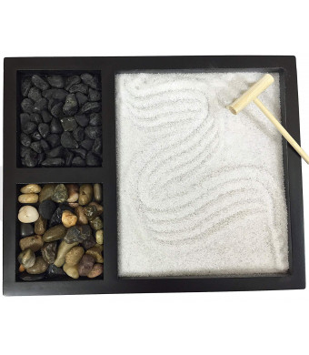 Deluxe Wooden Zen Sand Garden with 2 Types of Rocks, Sand, and Rake