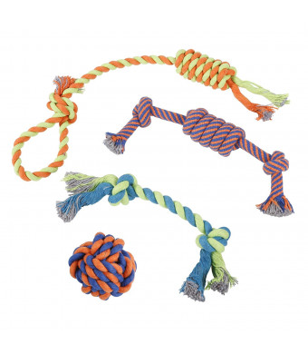 Puppy Chew Toys Dog Rope - Set of 4 for Large, Small Dogs - Durable For Aggressive Chew, Teething - 100% Natural Cotton - Chewer Ball, Dental Pull Rope, Tug of War Toy, Fetching Bone - Best Pet Gift