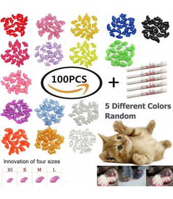 VICTHY 100 PCS Soft Pet Cat Nail Caps Cats Paws Grooming Nail Claws Caps Covers of 5 Kinds 5Pcs Adhesive Glue