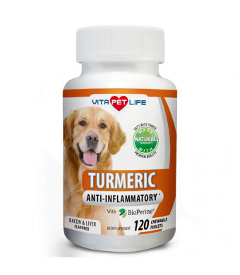 Turmeric for Dogs, Curcumin and BioPerine Anti Inflammatory Supplement, Antioxidant, Promotes Pet Mobility and Pain Relief, Prevents Joint Pain and Inflammation, 100% Natural. (120 Chews)