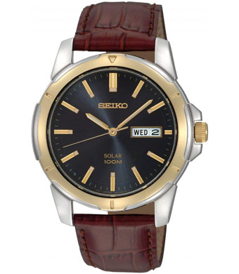 Seiko Men's SNE102 Stainless Steel Solar Watch with Brown Leather Strap, Multicolor dial