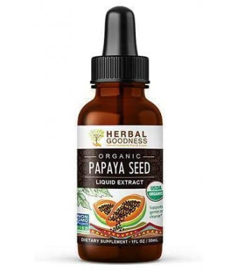 Papaya Seed Liquid Extract  100% Pure USDA Organic  Non-GMO Verified  Kosher - Digestive Enzyme Plus  Super-Fruit for Gentle Detox - Gut and Liver Cleanse  1oz Glass Bottle - by Herbal Goodness