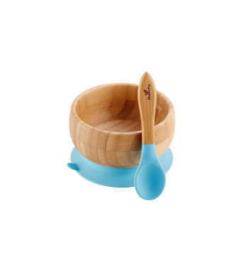 Avanchy Baby Toddler Infant Feeding Bowls | Stay Put Natural Bamboo Suction Bowl + Soft Tip Silicone Spoon Set | BPA Free | Great Kids Food Gift Pack (Blue)