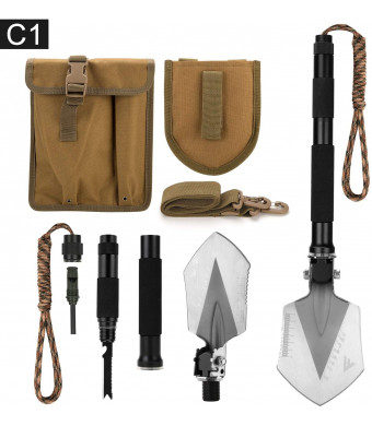 FiveJoy Military Folding Shovel Multitool (C1) - Portable Foldable Survival Tool - Entrenching Backpack Equipment for Hiking Camping Emergency Car - Bushcraft Gear: Shovels and Accessories Tools Kit