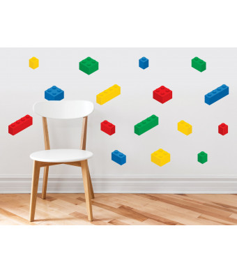 Sunny Decals Lego Inspired Building Blocks Wall Decals - Set of 16 Removable Fabric Kids Wall Stickers, Primary Colors