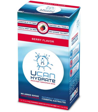 UCAN Hydrate Electrolyte Powder Stick Pack with 5 Key Electrolytes - Berry Flavor. Sugar Free, 0 Carbs, 0 Calories, Gluten-Free, Non-GMO, Vegan, Optimal Hydration (12 Count)