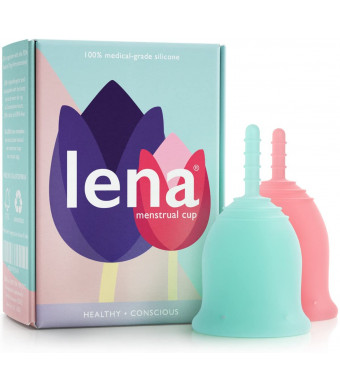 Lena Menstrual Cups - 2-Pack - Reusable Period Cups - Tampon and Pad Alternative - Regular and Heavy Flow - Small and Large - Pink and Turquoise