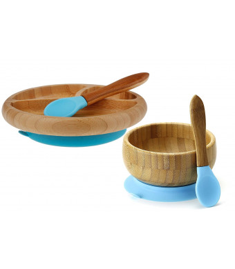 Maven Gifts: Avanchy Baby Feeding Gift Set  Bamboo Stay Put Suction Bowl with Spoon, Blue, and Bamboo Stay Put Suction 3-Section Plate with Spoon, Blue Ages 6 Months and Up