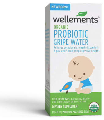 Wellements Organic Probiotic Gripe Water, 4 Fl Oz, Eases Baby's Stomach Discomfort, Digestive and Immune Support, Free From Dyes, Parabens, Preservatives