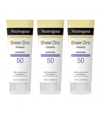 Neutrogena Sheer Zinc Oxide Dry-Touch Sunscreen Lotion with Broad Spectrum SPF 50 UVA/UVB Protection, Water-Resistant, Hypoallergenic and Non-Greasy Mineral Sunscreen, Paraben-Free, 3 fl. oz (Pack of 3)