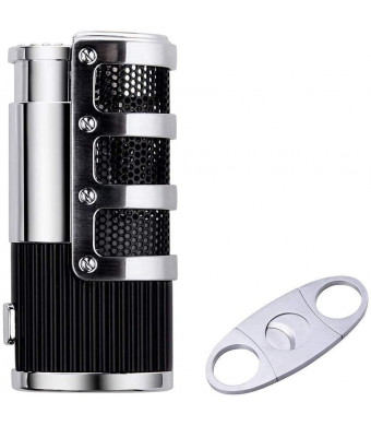 Cigar Cutter and Lighter Set, Cigar Punch Lighter Triple Jet Flame Butane Cigarette Torch Lighter (Black)